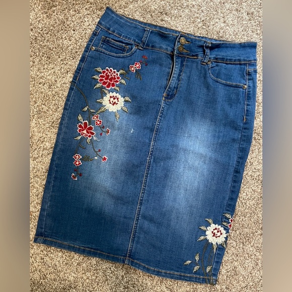 Embroidered Distressed Denim Pencil Skirt - Picture 1 of 4